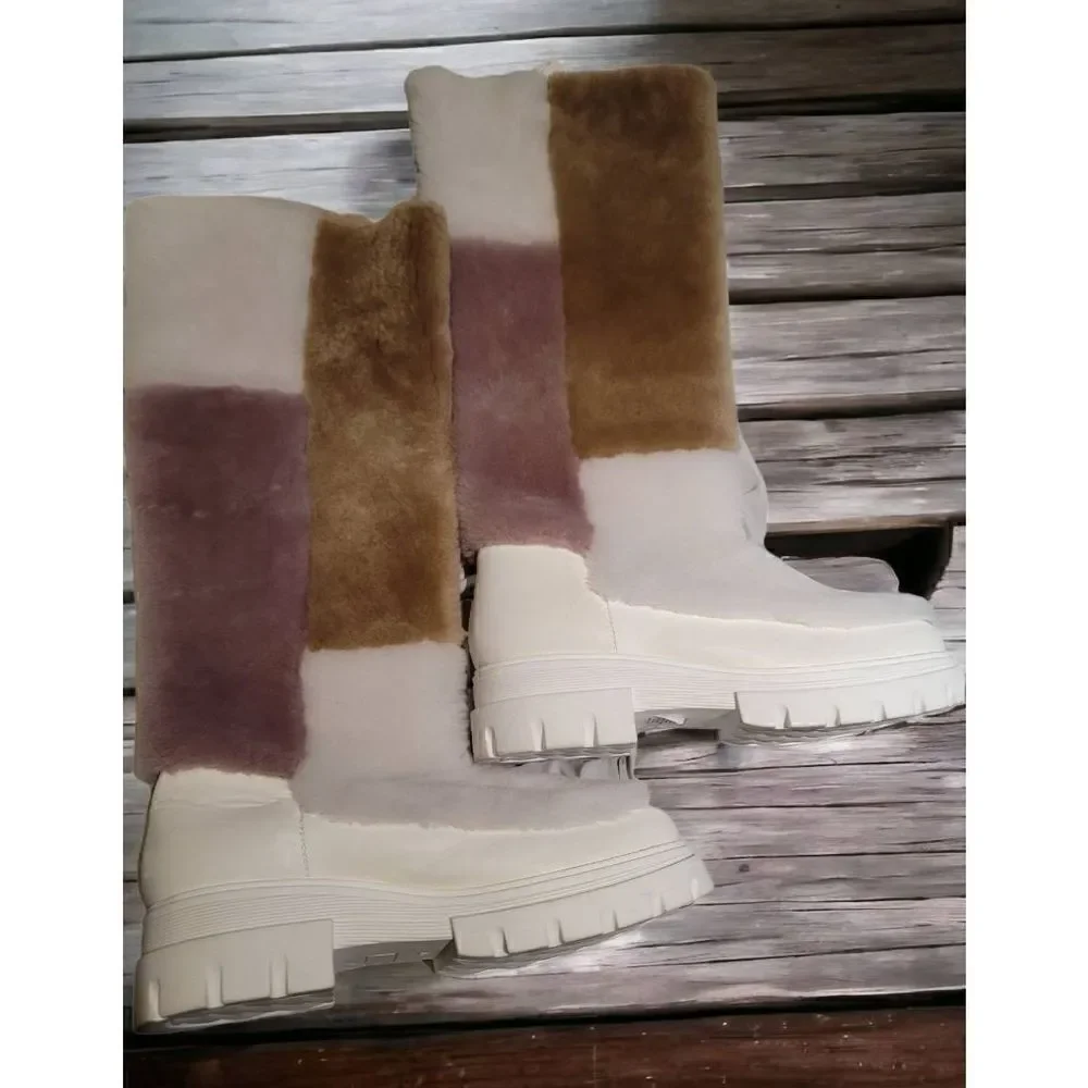 Free People Happy Thoughts Shearling Fur Boot Colorblock White Tan Rose 7 1/2